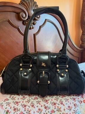 🐎 BURBERRY 🐎 BLACK QUILTED NYLON AND PATENT LEATHER MANOR SATCHEL AUTHENTIC